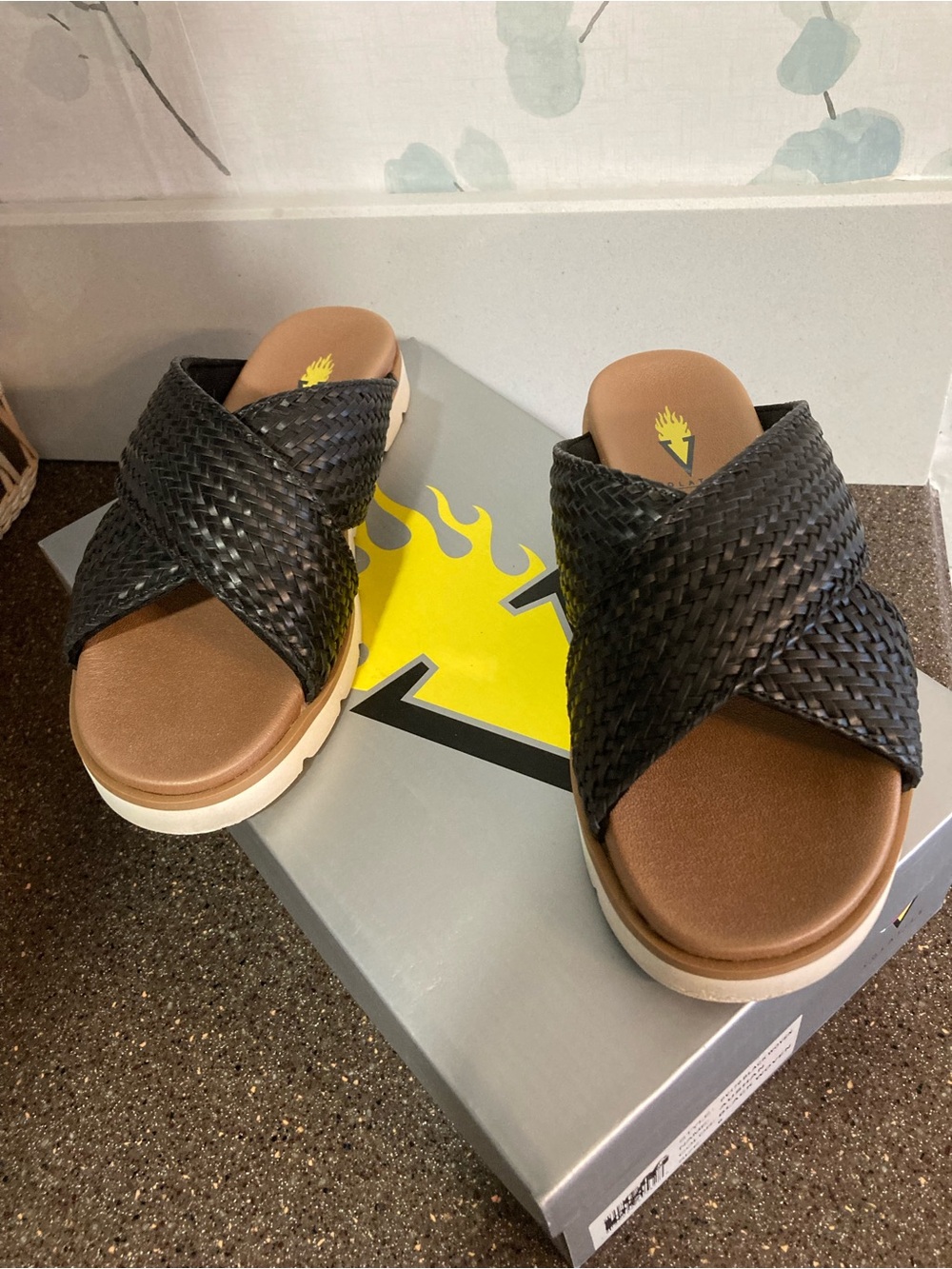 Volatile Black Woven Crossband Slide Sandals with Brown Footbed